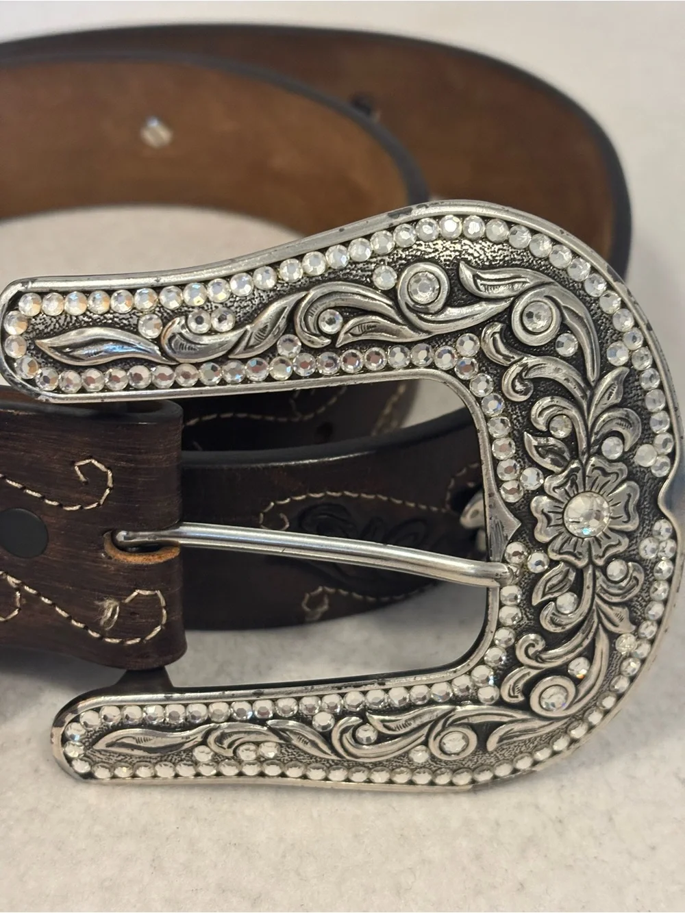Justin 125 Year Western Leather Belt Rhinestone Buckle Floral Size 40